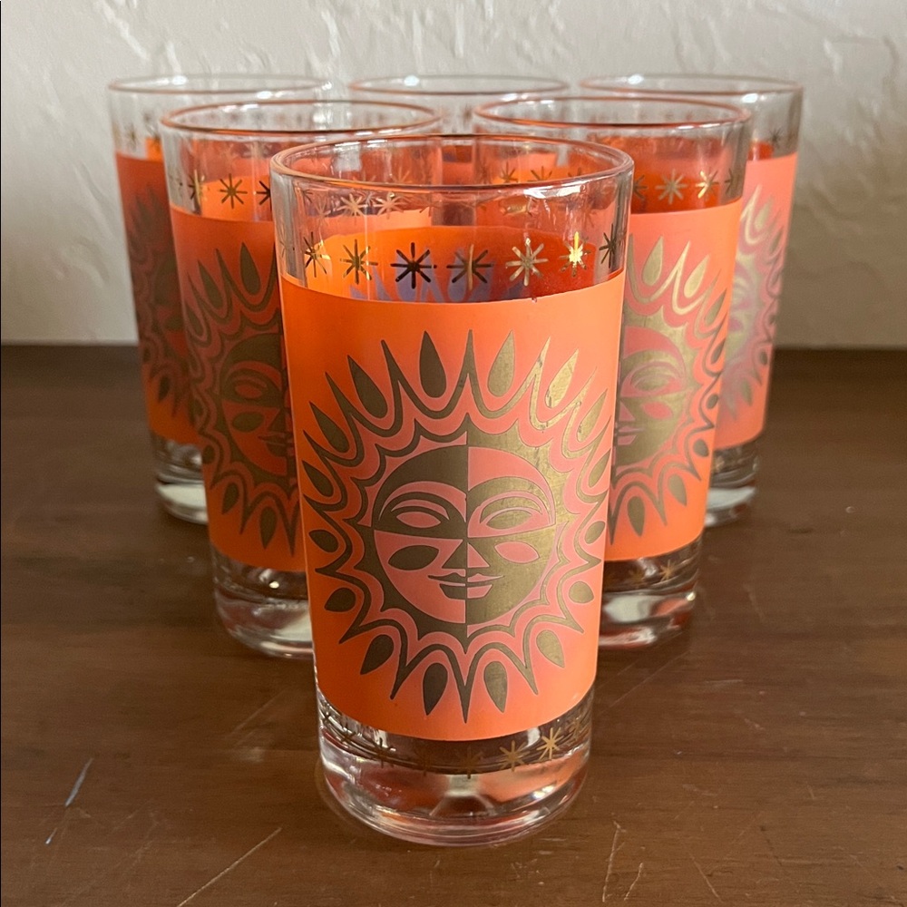🌞Set of 6 Orange Aztec Celestial MCM 1960s Sunburst Drinking Glasses Tumblers🌞